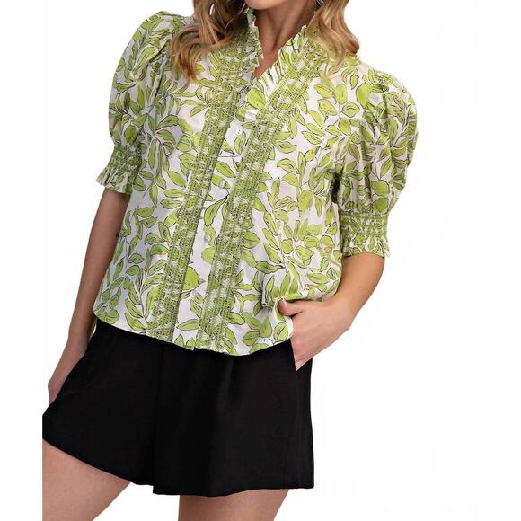 GLAM Tops - NEW GLAM ruffle v-neck smocked puff sleeve blouse in olive